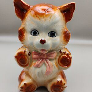 vintage ceramic kitty cat piggy coin bank pink ribbon on neck stamped JAPAN